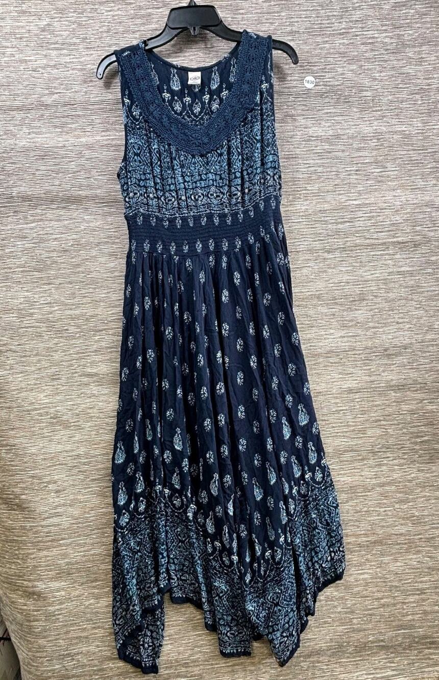 Bio Paisley Maxi Sun Dress Womens Size XL Blue Crochet Hanky Hem Boho Rayon